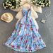 Women's French Style Floral Print V Neck Dress Sweet Forest Theme Slimming Waist Ruffled Long Skirt For Resort Wear Spring Autumn_ecoleips.com