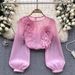 Women's Clothing Slim Fit Puff Sleeve Pullover Shirt French Style 3D Flowers Design Versatile Spring Top For Women_ecoleips.com