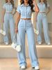 Elegant Women's Summer Fashion Set: Collared Short Sleeve Top + Loose Straight Leg Trousers - Independent Website's New Collection_ecoleips.com
