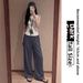 Women's Navy Blue Wide Leg Linen-Blend Trousers - Summer Thin Relaxed Straight Narrow Cut Trousers With Drapery, Old Money Aesthetic_ecoleips.com