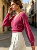 Women Cross Wrap V Neck Ribbed Knit Top Loose Long Sleeve Lightweight Hollow Texture Breathable Skin-friendly Cropped Knit Blouse_ecoleips.com