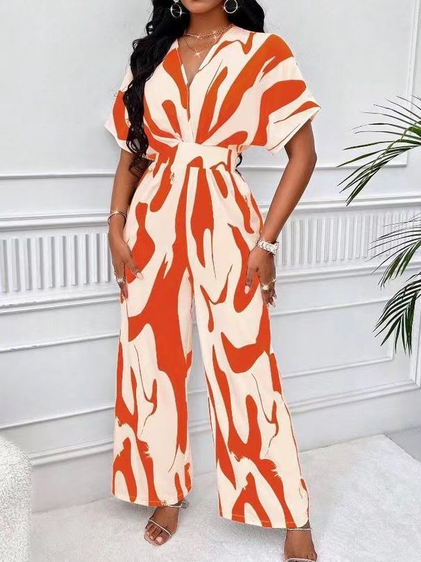 Women's Clothing elegant V neck full body printing bat sleeves wide jumpsuit_ecoleips.com