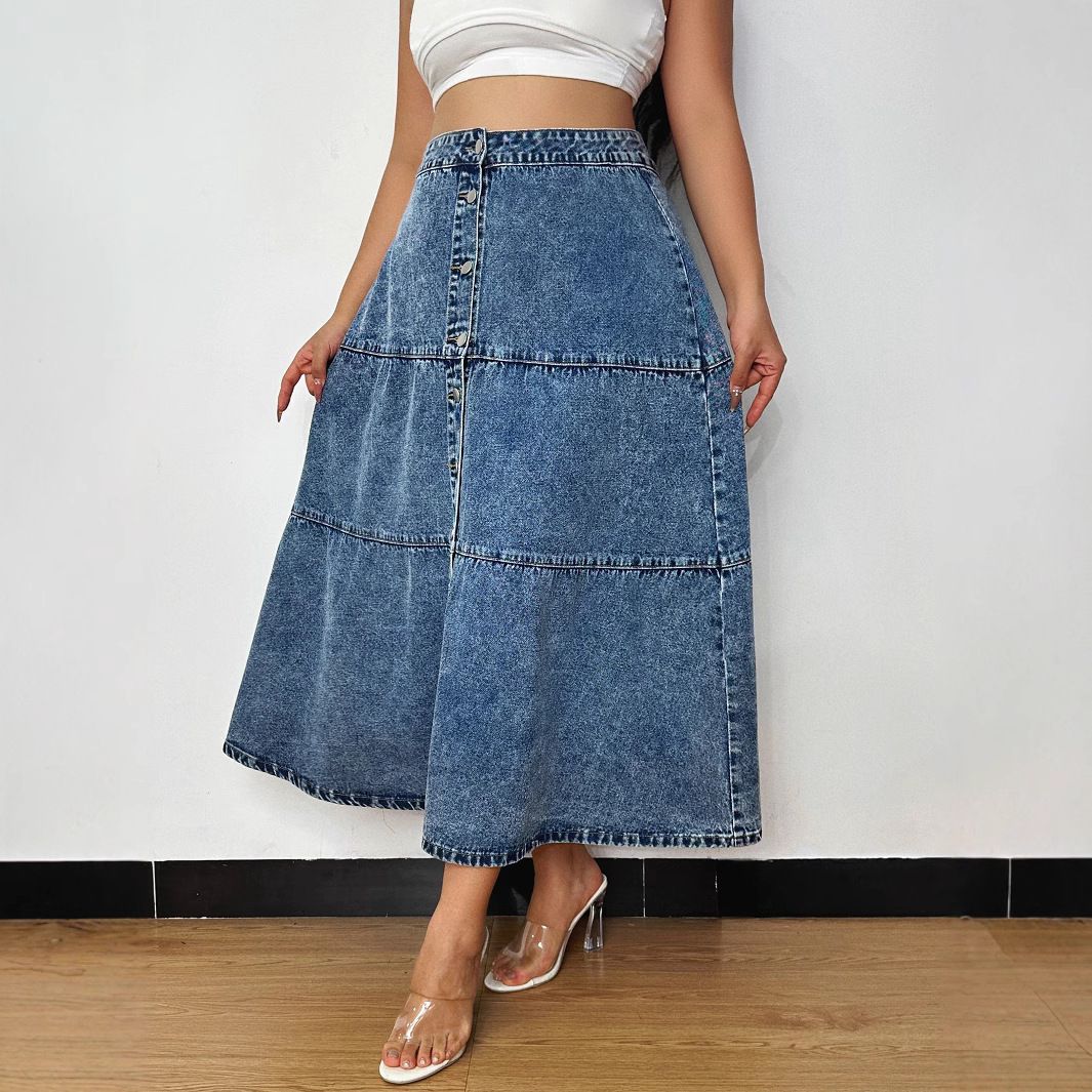Plus Size A-Line Denim Skirt With Layered Hem - High Waist Summer Casual Skirt For Women, Streetwear Staple In Light Blue_ecoleips.com
