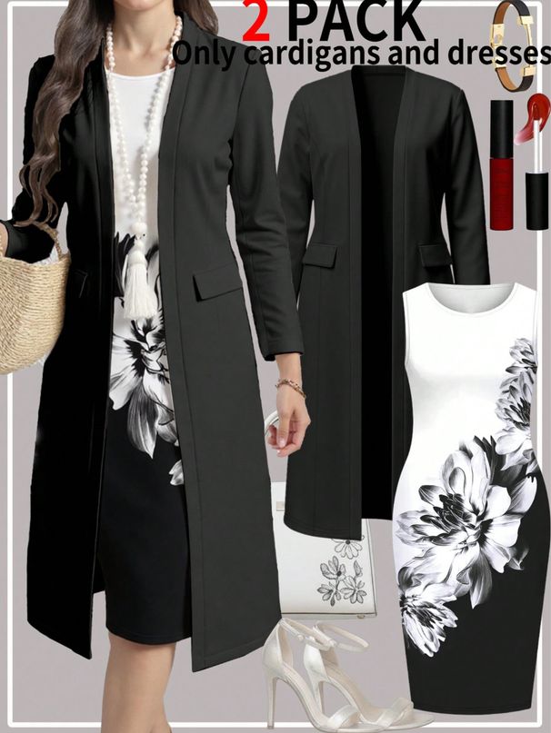 Women's Floral Print Two Piece Set Autumn/Winter Long Sleeved Top With Sleeveless Dress Regular Fit Polyester Pant Set_ecoleips.com