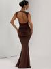 JULISSA MO Elegant Round Neck Ruched Bandage Women Maxi Dress Coffee Sleeveless High Waist Dress Autumn Slim Party Evening Dress_ecoleips.com