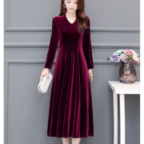 High-end Gold Velvet Stylish Dress Spring, Autumn, And Winter, Long Skirt For Mothers, Cheongsam-style,_ecoleips.com