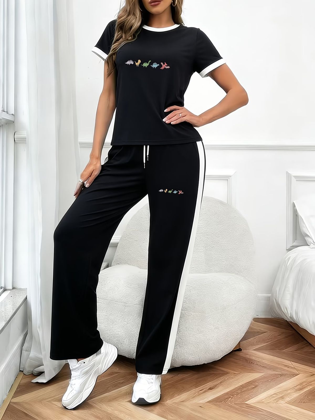 Women's Clothing Women's Cartoon Dinosaur Print Casual Suit Set Crew Neck Short Sleeve Top And Straight Leg Pants Loose Fit_ecoleips.com