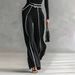 Autumn Winter Women's Elegant Two Piece Set Stand up Collar Contrast Color Hem Slimming Long Sleeve Knit Wide Leg Pants_ecoleips.com