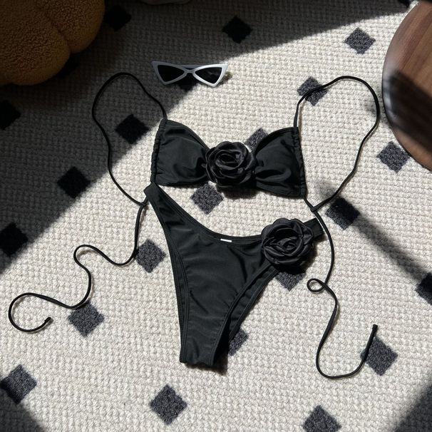 Women's Clothing Solid Color Rose Drawstring Split Swimsuit Bikini_ecoleips.com