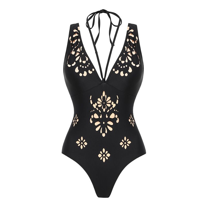 Black Laser Hollow Out One-Piece Swimsuit Women's High-End Style Hot Selling Sexy Vacation Suit 2026_ecoleips.com