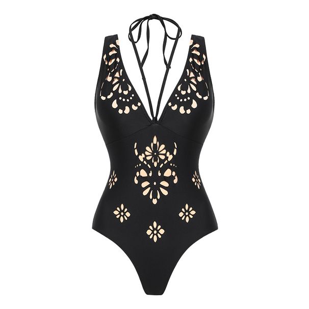 Black Laser Hollow Out One-Piece Swimsuit Women's High-End Style Hot Selling Sexy Vacation Suit 2026_ecoleips.com