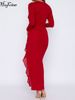 Hugcitar Fashion V Neck Long Sleeve Lace Up Ruffles Patchwork Lace Sexy Maxi Dress Autumn Clothes Streetwear Party Festival_ecoleips.com