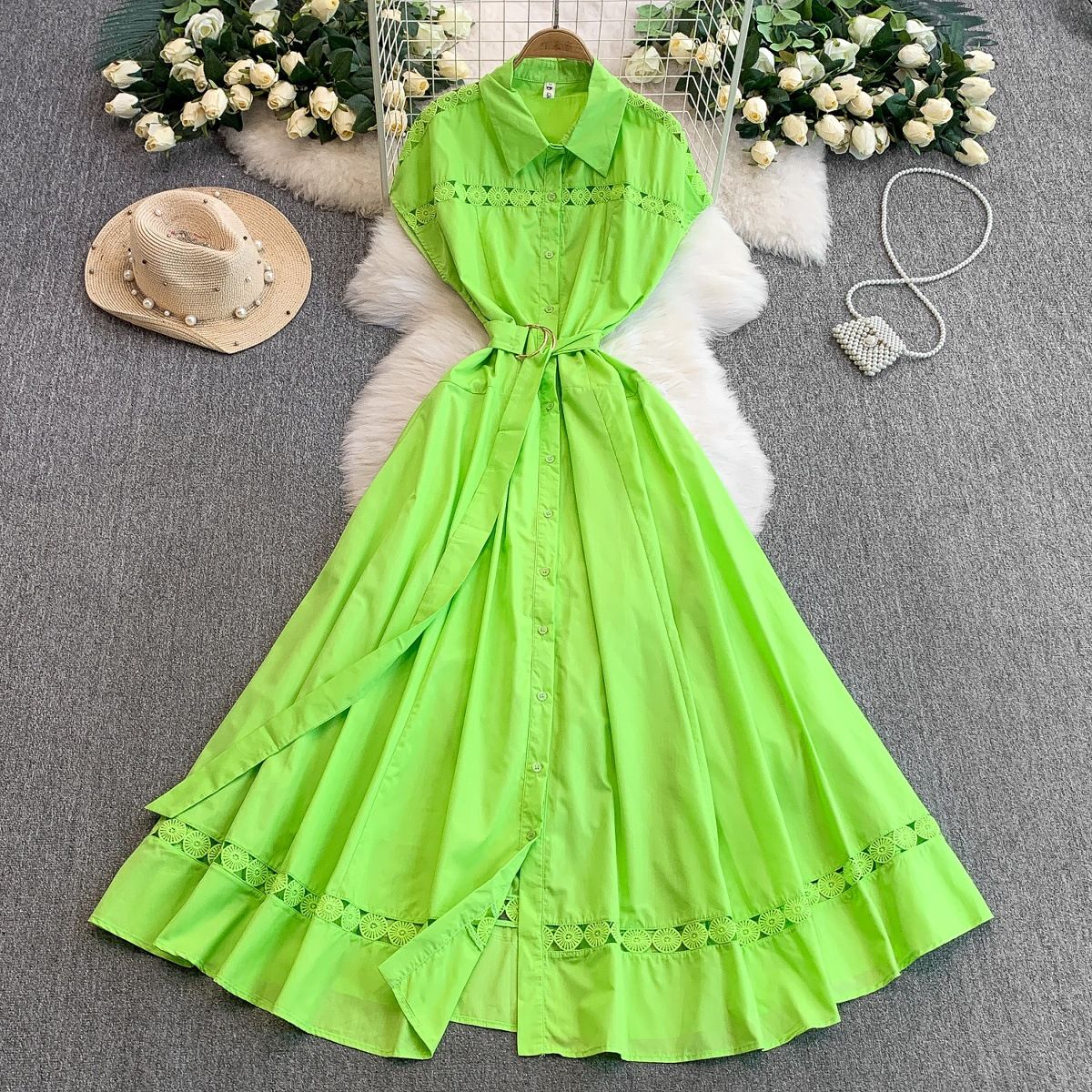 Women's Clothing French Gentle Style Blue Hollow Lace Lapel Dress For Women Summer Buttoned Waist Slim Long Skirt_ecoleips.com