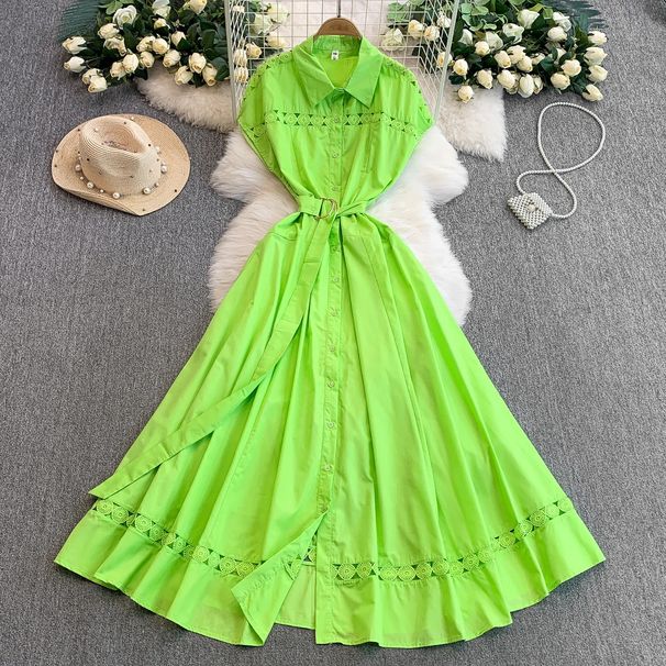 Women's Clothing French Gentle Style Blue Hollow Lace Lapel Dress For Women Summer Buttoned Waist Slim Long Skirt_ecoleips.com