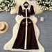 Retro Chic Fashion Polo Collar Dress For Women Short Sleeved Knitted With Metal Buckle Fitted Waist Long Skirt_ecoleips.com