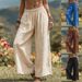 Women's Linen-Cotton Blend Wide Leg Pants, Elastic Waist Relaxed Trousers With Side Pockets, Casual Boho Palazzo Pants For Everyday_ecoleips.com
