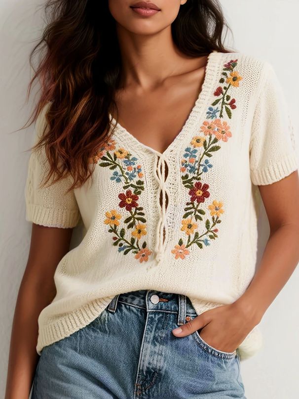 European And American Cross-Border Forest Style Retro Floral Embroidered Knitted Sweater Loose Fresh Versatile_ecoleips.com