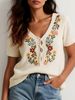 Women's Floral Embroidered Short Sleeve Knit Top, V Neck Lace Up Hollow Out Casual Blouse, Boho Lightweight Knitted T-Shirt For Daily Wear Summer Vaca_ecoleips.com