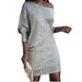 Verve New Women's Fashion Solid Color Asymmetric Shoulder Long Sleeve Short Sequin Dress Gown_ecoleips.com