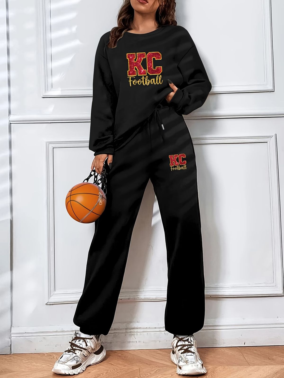 Women's KC Letter Print Fleece Lined Hoodie And Pants Set Warm Winter Outfit White Black Dark Gray S XXL_ecoleips.com