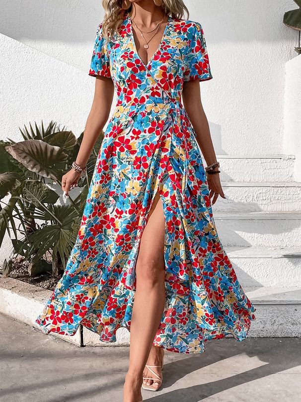 Bohemian Floral Printed V-neck Split Women Dress_ecoleips.com
