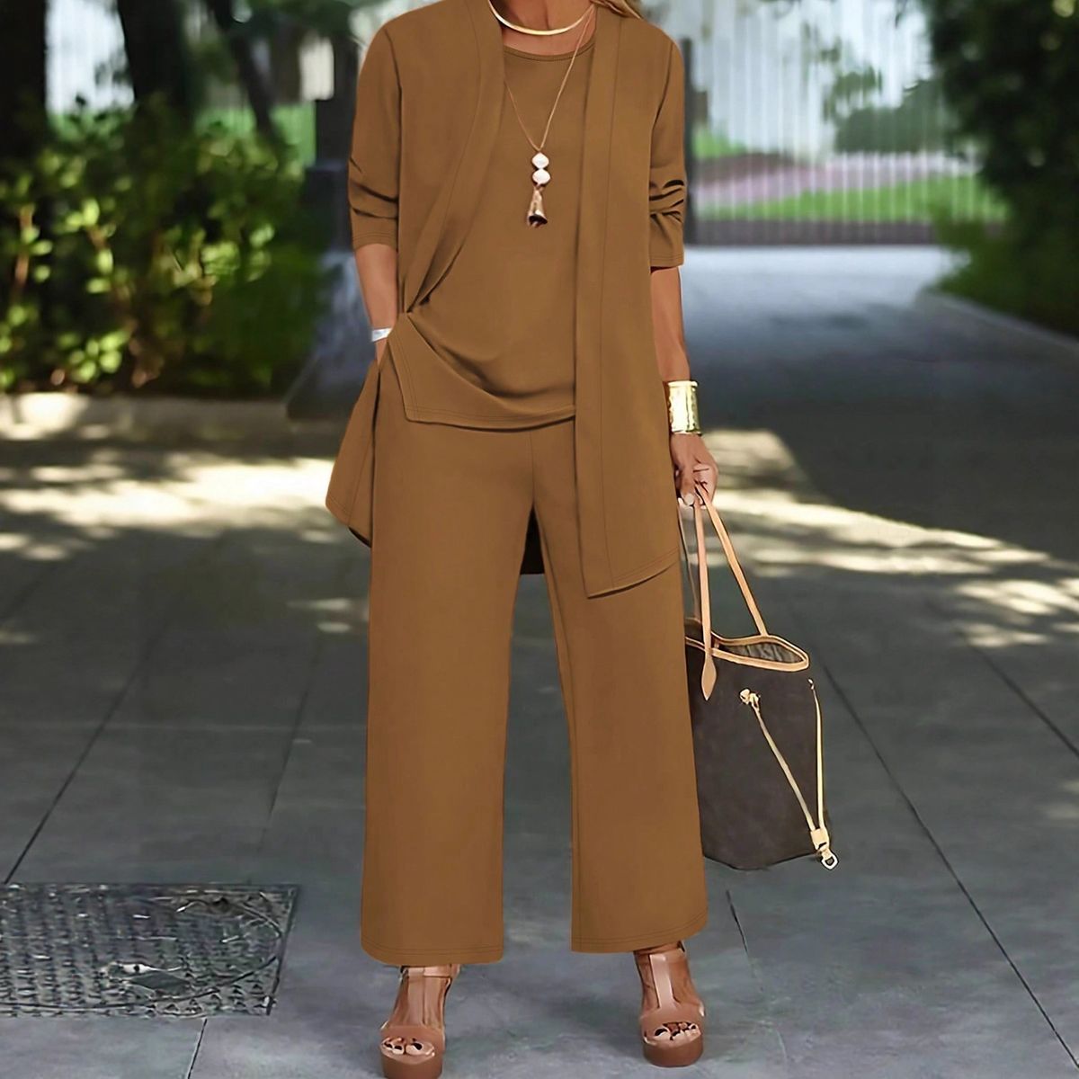 Women's European American Style Three Piece Set Simple Casual Cardigan Jacket Round Neck Sleeveless Vest Straight Leg Trousers_ecoleips.com
