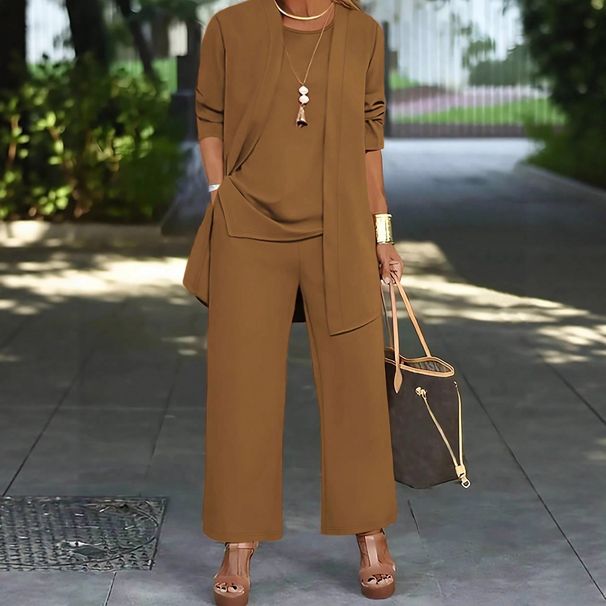 Women's European American Style Three Piece Set Simple Casual Cardigan Jacket Round Neck Sleeveless Vest Straight Leg Trousers_ecoleips.com
