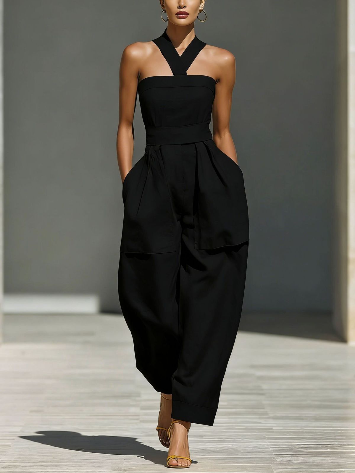 Women's Linen Blend Jumpsuit Crossover Neckline Loose Fit New Arrival From Independent Store_ecoleips.com