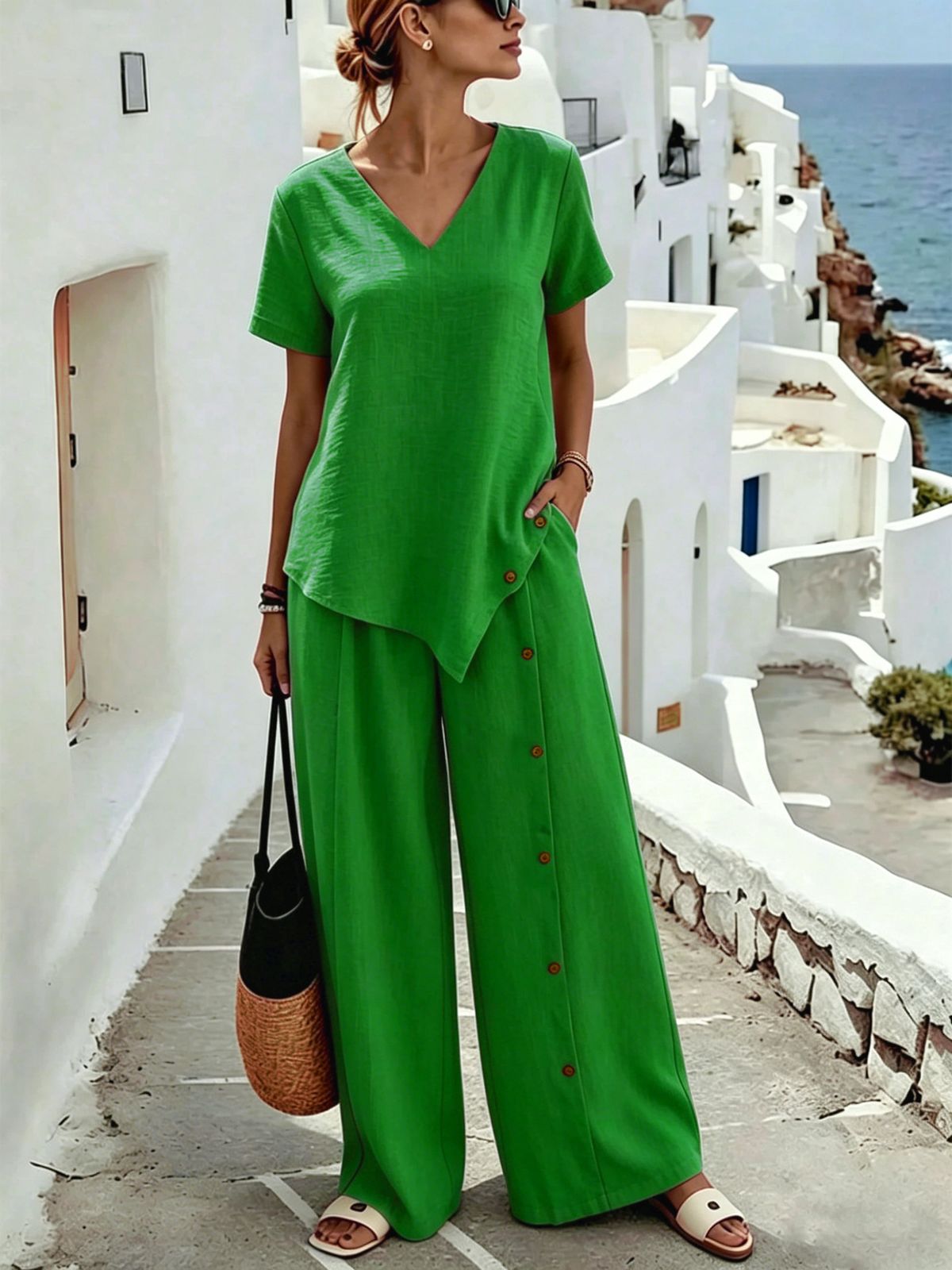 Women's Casual Two Piece Set European American Export Style Irregular Hem Trouser Suit with Short Sleeved Button Shirt Loose Fit 2026_ecoleips.com