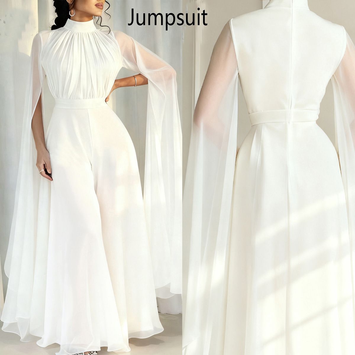 Elegant High-Neck Flowy Wide-Leg Jumpsuit With Flared Sleeves – Chiffon Wide-Leg Palazzo Pants For Women, Black / Dark Green / White, S-Xxl_ecoleips.com