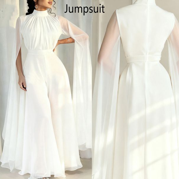 Elegant High-Neck Flowy Wide-Leg Jumpsuit With Flared Sleeves – Chiffon Wide-Leg Palazzo Pants For Women, Black / Dark Green / White, S-Xxl_ecoleips.com