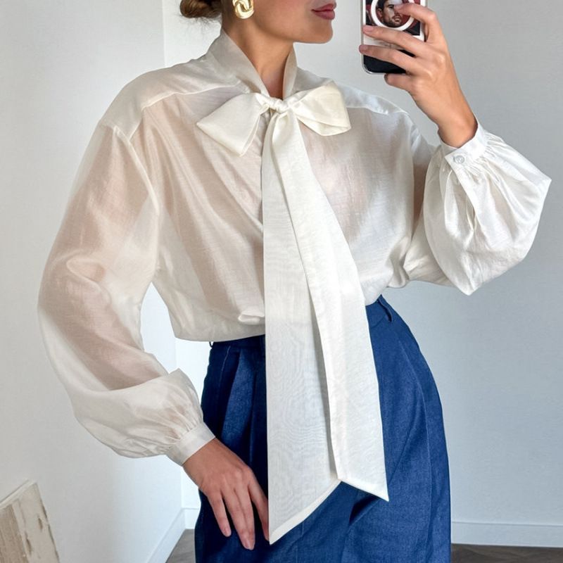 Fashionable Long-Sleeved Shirt With A Chic Design And Bow Tie, Perfect For Summer Commuting_ecoleips.com