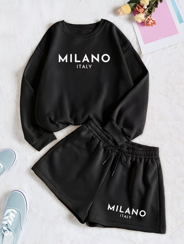 Men's Casual Letter Print Hoodie & Shorts Set - Soft Polyester Lounge Wear For Fall & Winter (Black, Beige, S-Xxl)_ecoleips.com