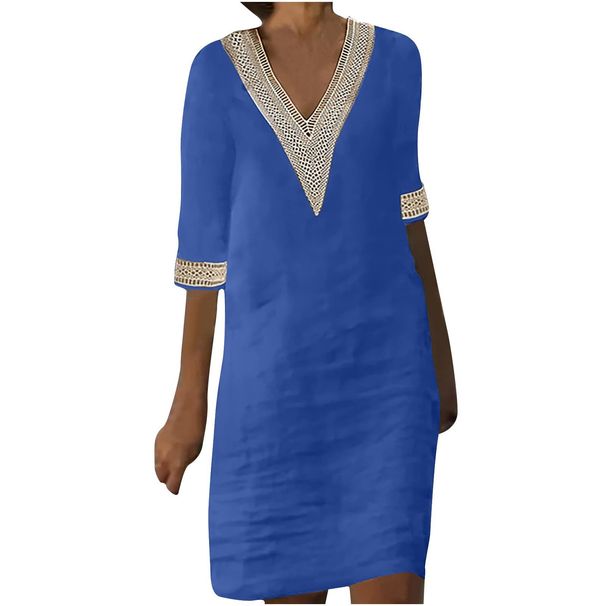 Women's Clothing Cotton And Linen Small V Neck Lace Stitching Retro Solid Color Three Quarter Sleeve Dress_ecoleips.com