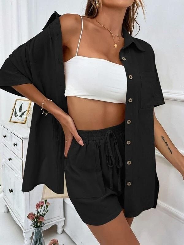 Women's Casual Two-Piece Set Solid Color Shirt And Loose Shorts Short Sleeved Single Row Spot_ecoleips.com