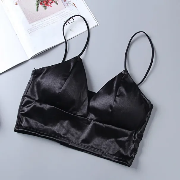 Sexy Satin Crop Tops Women Wireless Bralette Crochet Top Female Spaghetti Strap T-shirt Cropped With Chest Padded Camisole_ecoleips.com