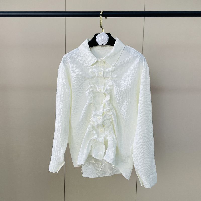 Women's French Style Pleated Collar White Shirt Soft Gentle Drawstring Design Slimming Elegant Versatile for Commuting_ecoleips.com