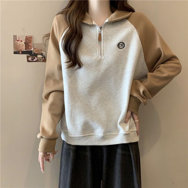 Real Shot Of Foreign Trade Women's Spring Autumn Thin Sweatshirt With Contrasting Colors, Raglan Sleeves, Half-zip, And_ecoleips.com