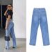 European And American Women's Fashion High Waist Slimming Straight Leg Jeans Long Floor-Length Ripped Cuff Split Hem_ecoleips.com