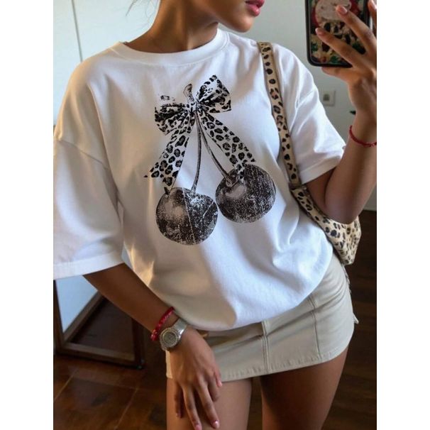 European Size Women's Oversized Casual Top Pure Cotton Leopard Print Cherry Graphic EZwear_ecoleips.com