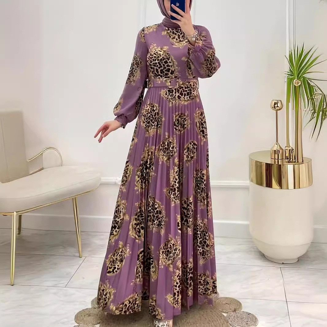 Women's Clothing Muslim New Leopard Print Pleated Fashionable And Elegant Dress_ecoleips.com