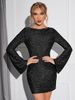 Women's Sequined Silver Thread Backless Tie Mini Dress Long Sleeve Sequined Bodycon Dress Party Club_ecoleips.com