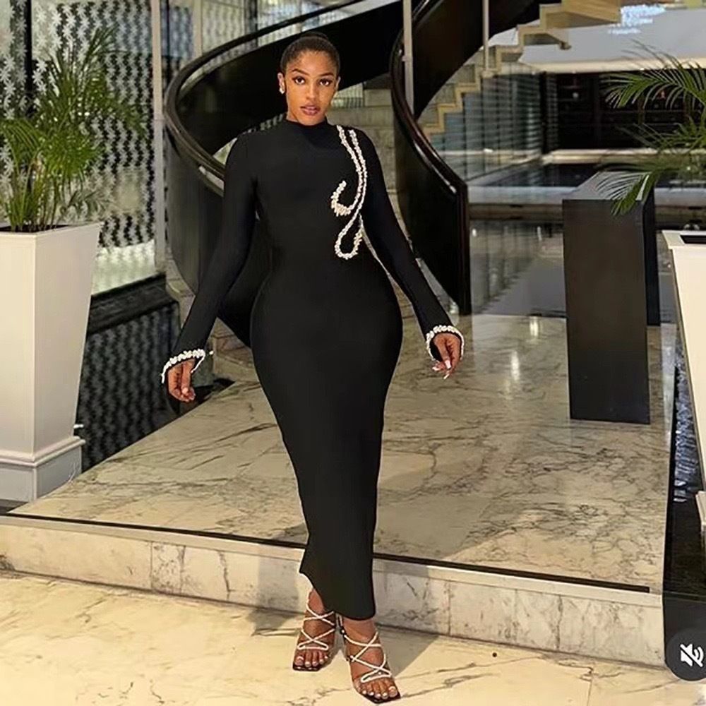 Women's Clothing New Solid Color Autumn And Winter Half High Collar Hot Diamond Long Sleeve Temperament Slim Hip Dress_ecoleips.com