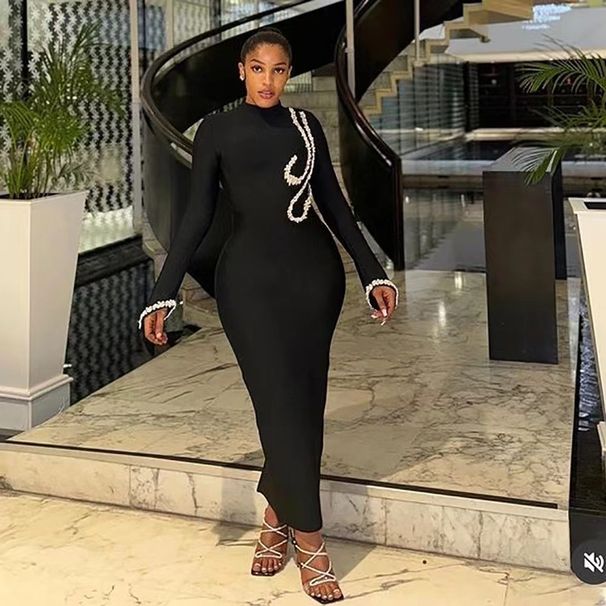 Women's Clothing New Solid Color Autumn And Winter Half High Collar Hot Diamond Long Sleeve Temperament Slim Hip Dress_ecoleips.com