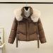 Women's Winter Short Puffer Jacket With Detachable Faux Fur Collar, Loose Fit, Warm Cozy Outerwear In Black/Brown/Cream/Wine_ecoleips.com