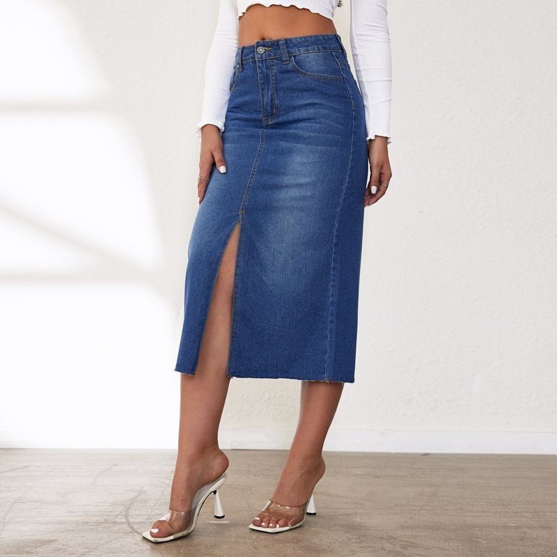 Women's Clothing Retro Non Elastic Half Length Denim Skirt Women's Mid Length Slit Half Skirt_ecoleips.com