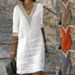 Women's Solid Color V Neck mid Sleeve Casual Dress Cotton And Linen Blend Independent Website Hot Selling 2023 European And American Style_ecoleips.com