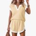 Summer Women's Casual Set V Neck Short Sleeved Color Block Striped Fashion Two Piece Shorts_ecoleips.com
