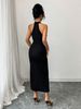 Midi Dress Spring Summer Women Black Lace Trim Halter Neck Sleeveless Split Bodycon Sexy Party Club Cocktail Dress_ecoleips.com