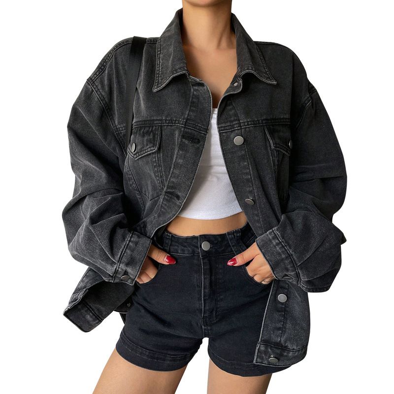 Chic Oversized Denim Shacket For Women, Black Casual Blazer Style Open Front Jacket, Winter Layering Essential_ecoleips.com